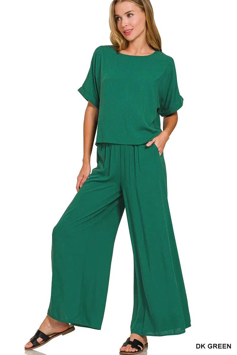 Zenana Round Neck T-Shirt and Wide Leg Pants Set - Trendsi - Flyclothing LLC