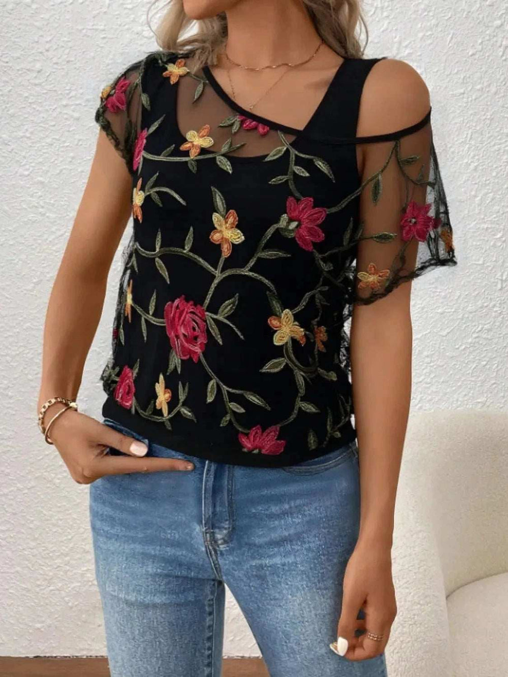 Floral Short Sleeve Sheer Top - Trendsi - Flyclothing LLC