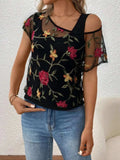 Floral Short Sleeve Sheer Top - Trendsi - Flyclothing LLC