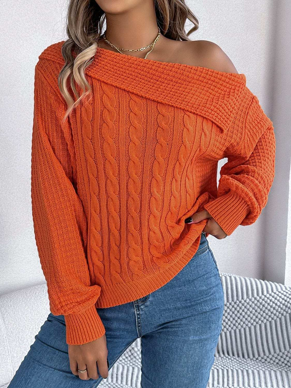 Cable-Knit One Shoulder Long Sleeve Sweater - Trendsi - Flyclothing LLC