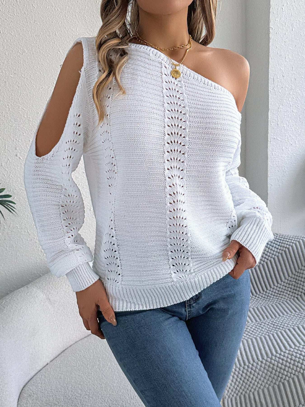 Openwork One Shoulder Cutout Long Sleeve Sweater - Trendsi - Flyclothing LLC