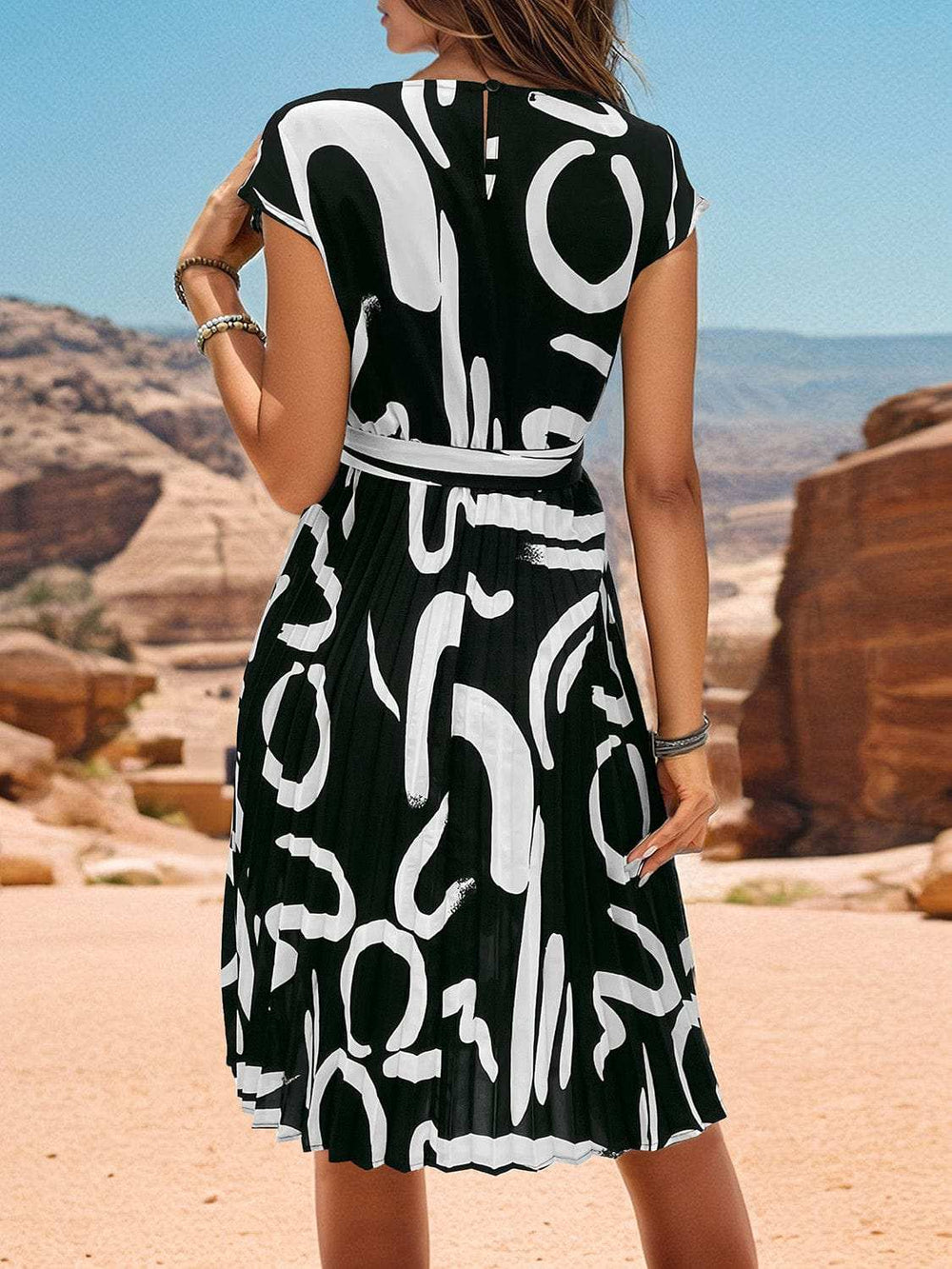 Printed Cap Sleeve Tie Waist Dress - Trendsi - Flyclothing LLC