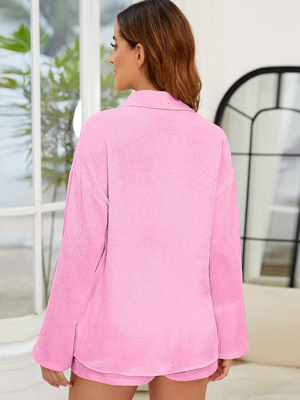 Button Up Long Sleeve Top and Shorts Set - Trendsi - Flyclothing LLC