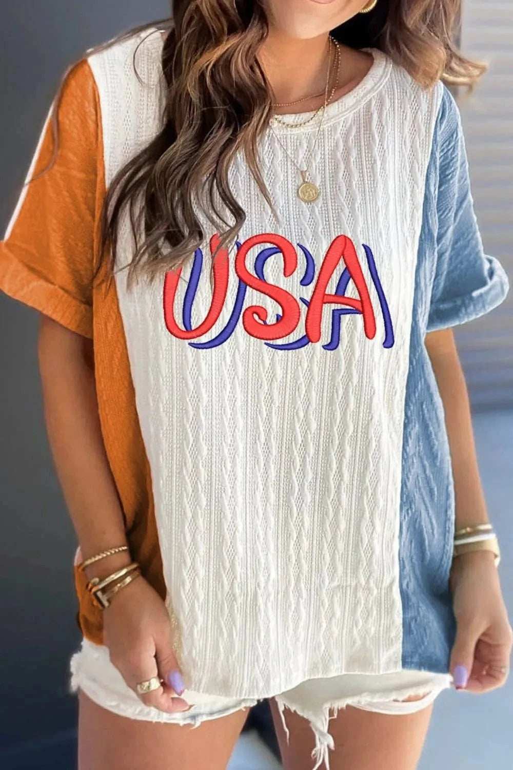 USA Embroidered Cable Textured Knit Cuffed Sleeve Color Block Tee - Trendsi - Flyclothing LLC
