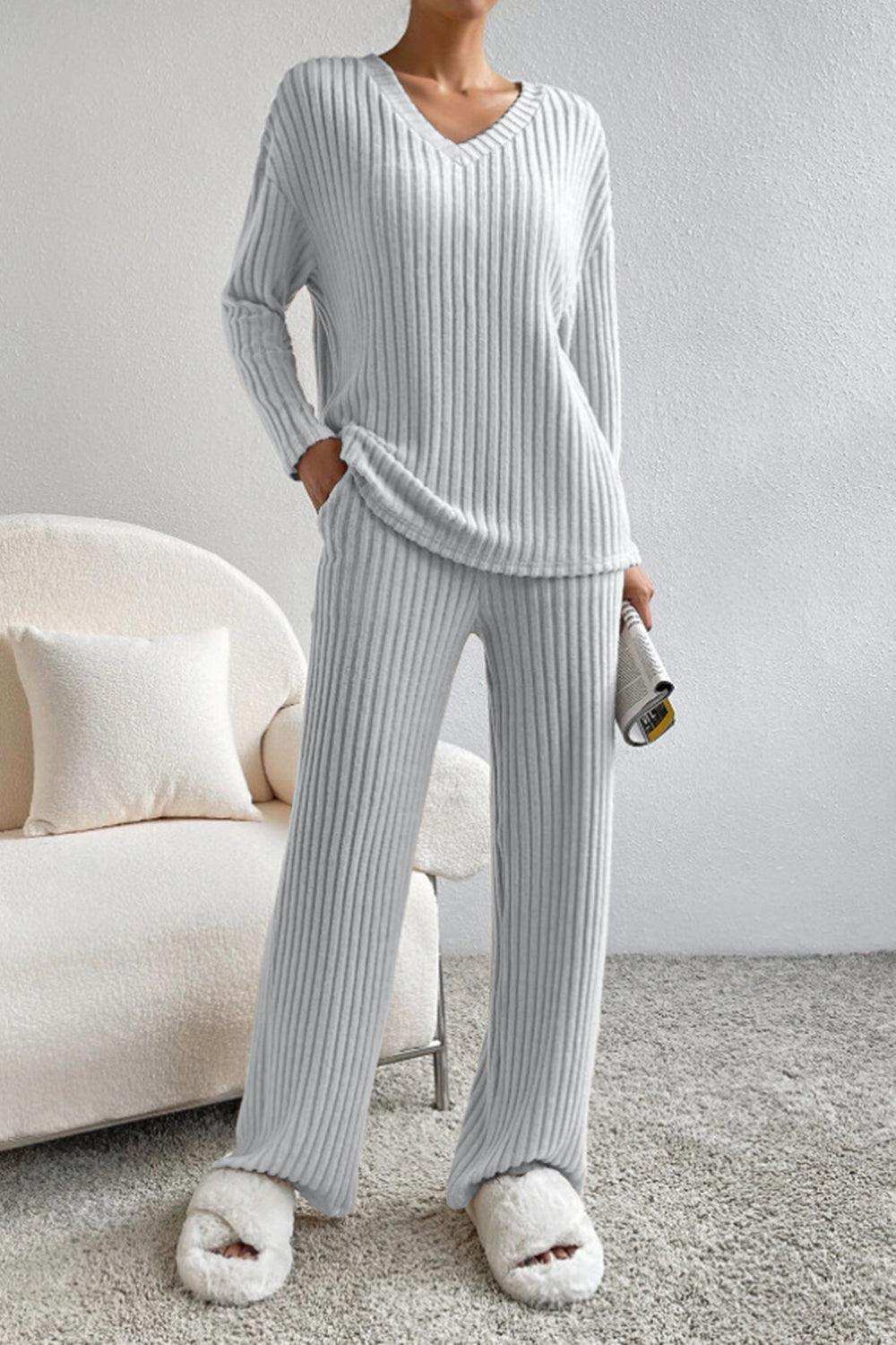 Ribbed V-Neck Top and Pants Set - Trendsi - Flyclothing LLC