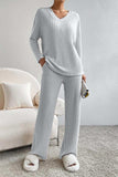Ribbed V-Neck Top and Pants Set - Trendsi - Flyclothing LLC