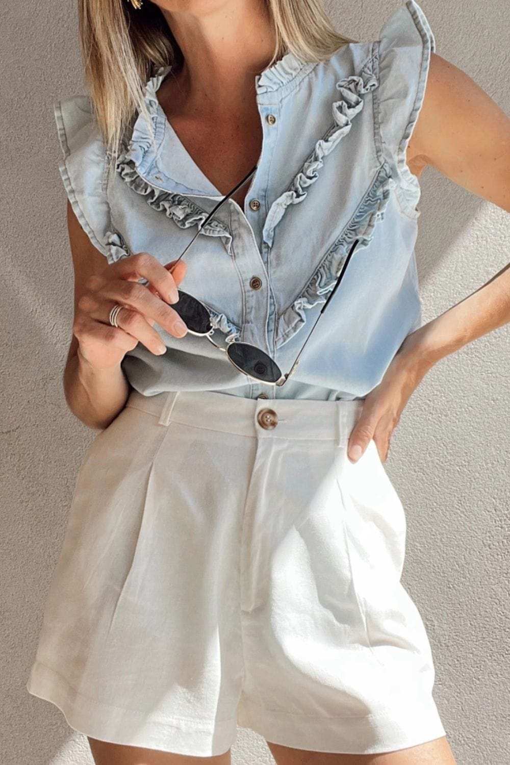 Frill Button Down Ruffled Cap Sleeve Denim Top - Trendsi - Flyclothing LLC