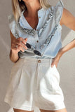 Frill Button Down Ruffled Cap Sleeve Denim Top - Trendsi - Flyclothing LLC