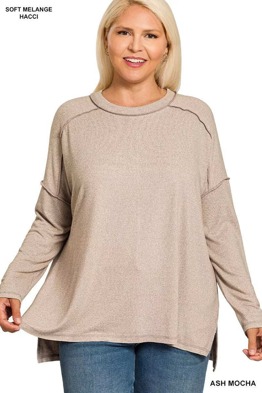 Zenana Full Size Melange Hacci Exposed Seam Hi-low Tee Plus Size - Trendsi - Flyclothing LLC