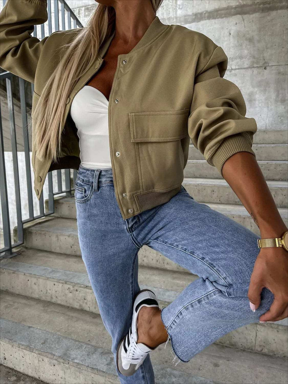 Baseball Collar Dropped Shoulder Jacket - Trendsi - Flyclothing LLC