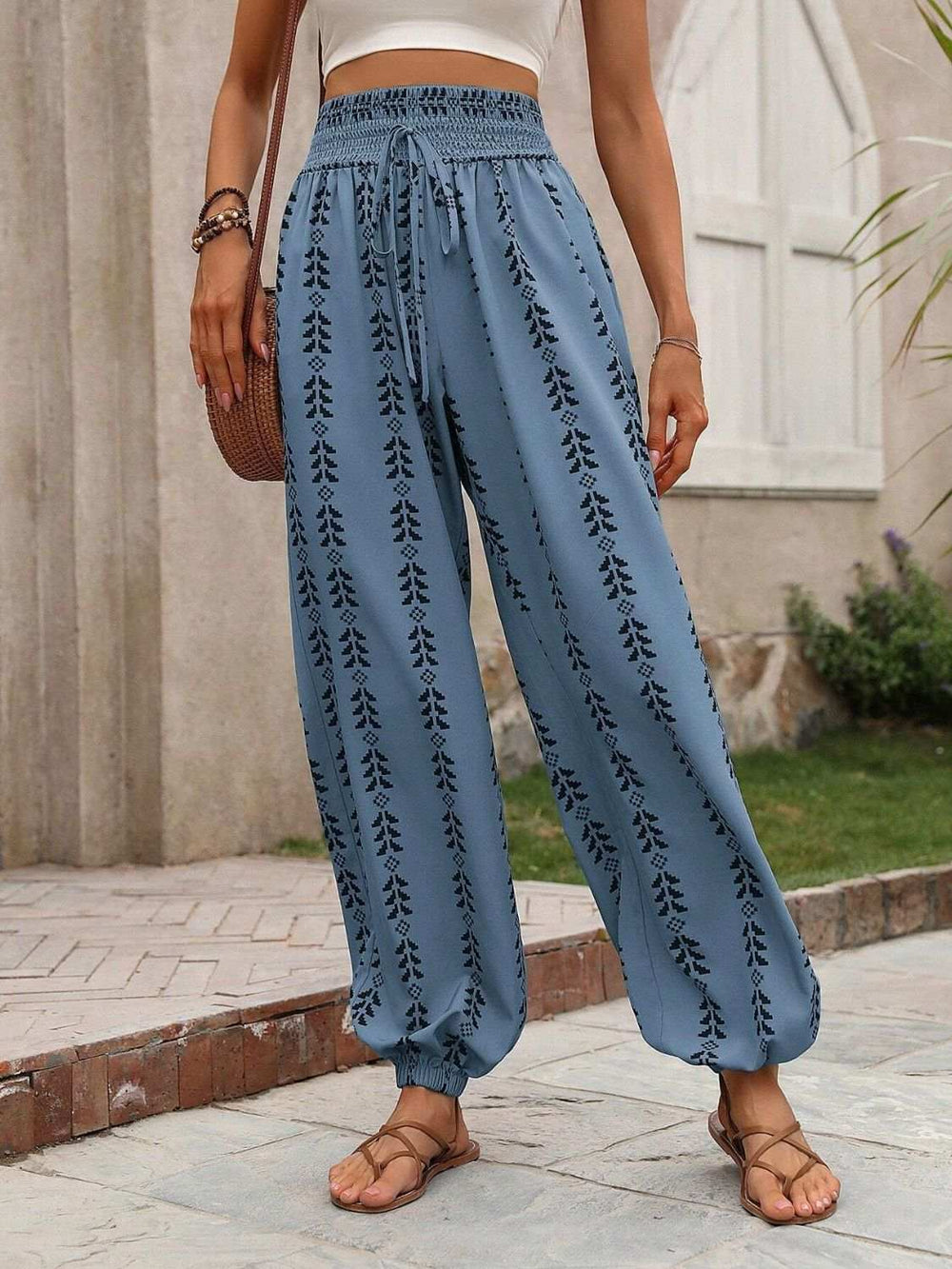 Tied Printed High Waist Pants - Trendsi - Flyclothing LLC
