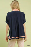 Umgee Linen Contrast Trim V-Neck Blouse - Trendsi - Flyclothing LLC