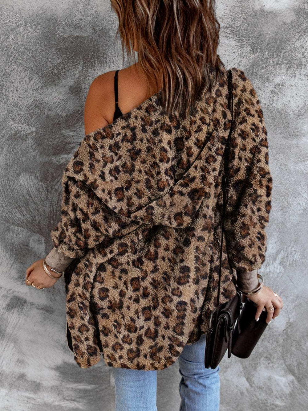 Fuzzy Leopard Long Sleeve Hooded Jacket - Trendsi - Flyclothing LLC