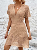 Openwork Plunge Short Sleeve Cover-Up Dress - Trendsi - Flyclothing LLC