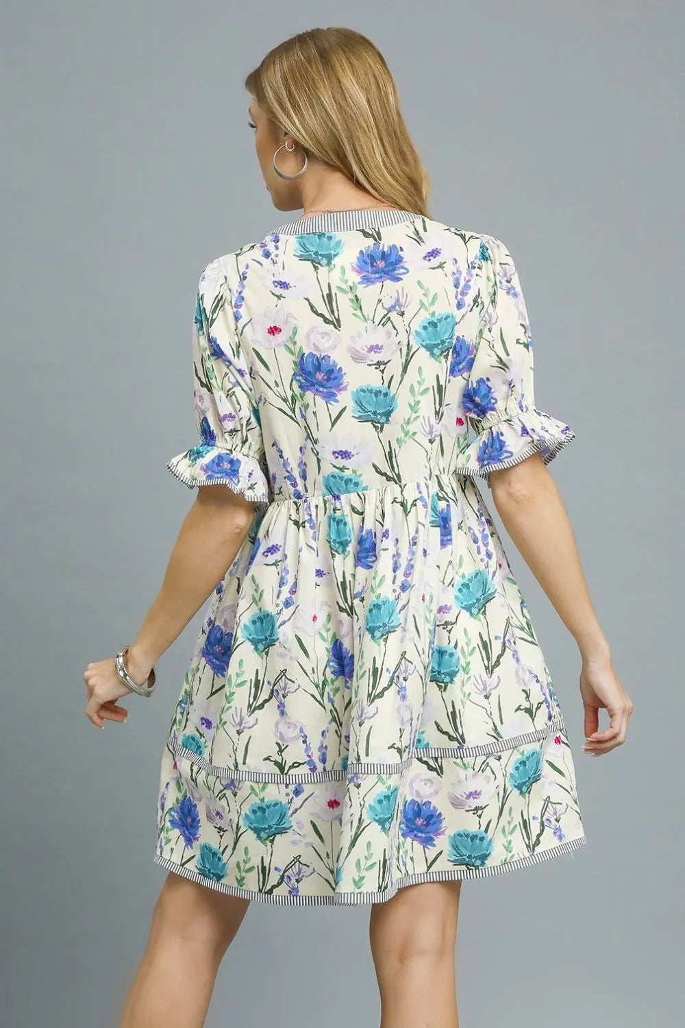 Umgee BabyDoll Floral Striped Hem Mini Dress - Trendsi - Flyclothing LLC