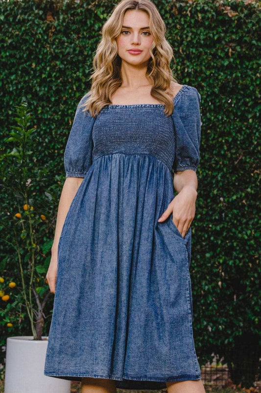 ODDI Full Size Washed Smocked Puff Sleeve Dress - Trendsi - Flyclothing LLC