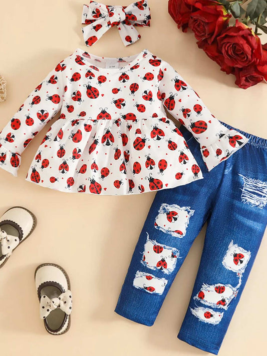 Children's Ladybug Print Ruffle Hem Top & Jeans Set with Headband - Trendsi - Flyclothing LLC