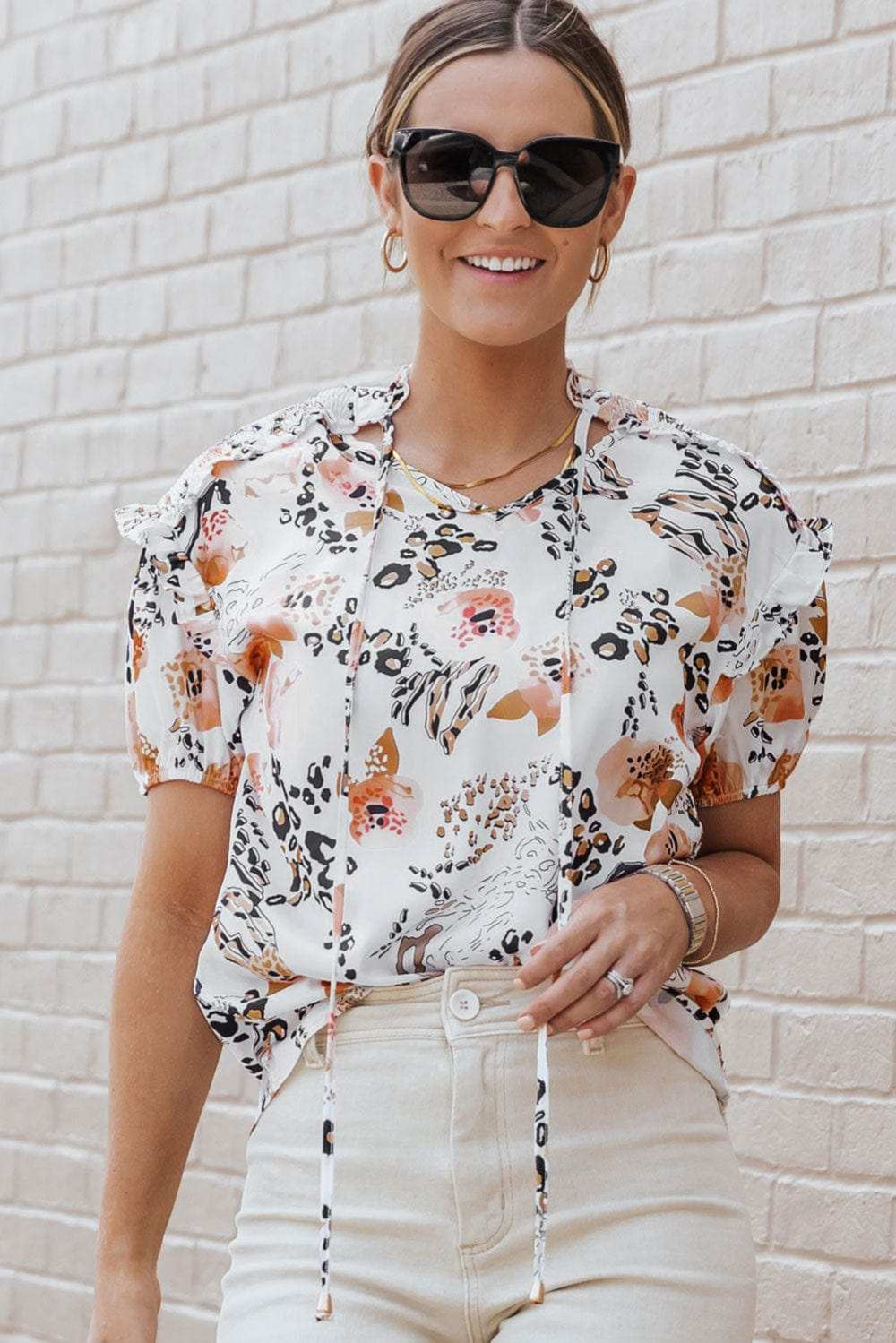 Ruffled Leopard Tie Neck Short Sleeve T-Shirt - Trendsi - Flyclothing LLC