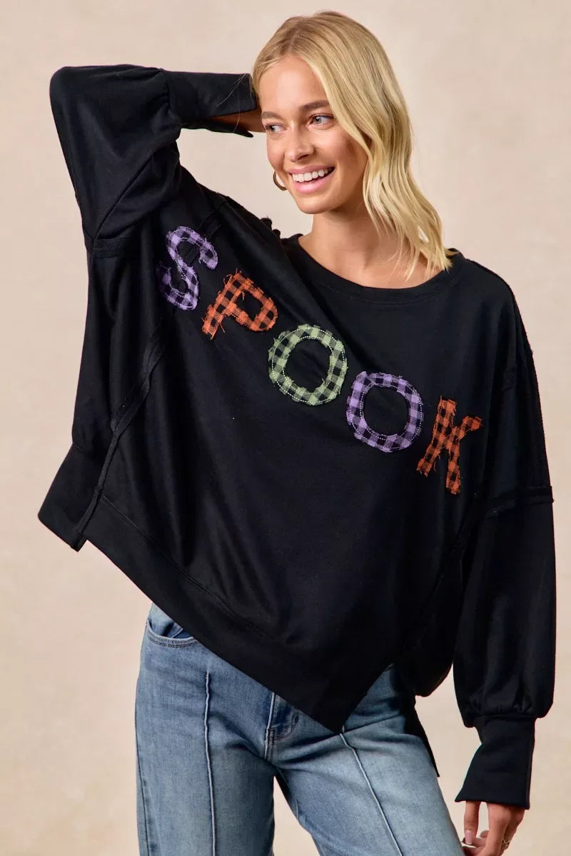 BiBi Spook Plaid Letter Print Oversized Sweatshirt - Trendsi - Flyclothing LLC