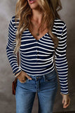 Striped V-Neck Long Sleeve Top - Trendsi - Flyclothing LLC