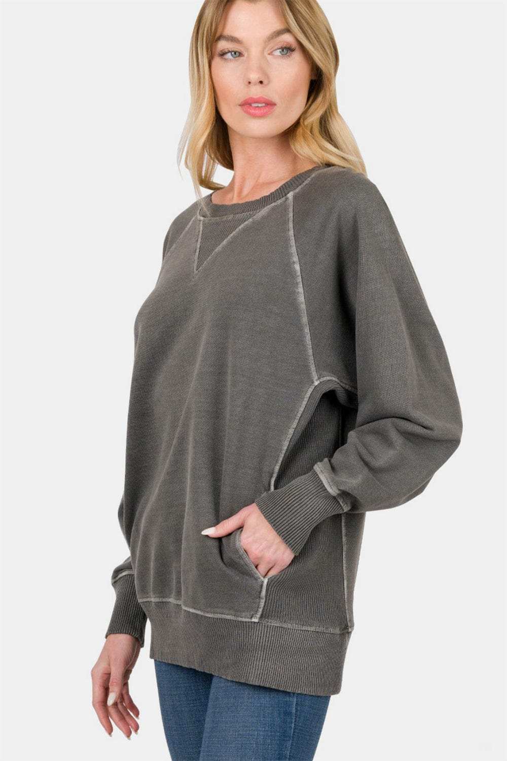 Zenana Round Neck Long Sleeve Sweatshirt - Trendsi - Flyclothing LLC