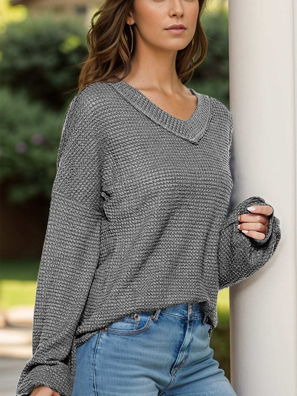 Dropped Shoulder Long Sleeve Knit Top - Trendsi - Flyclothing LLC