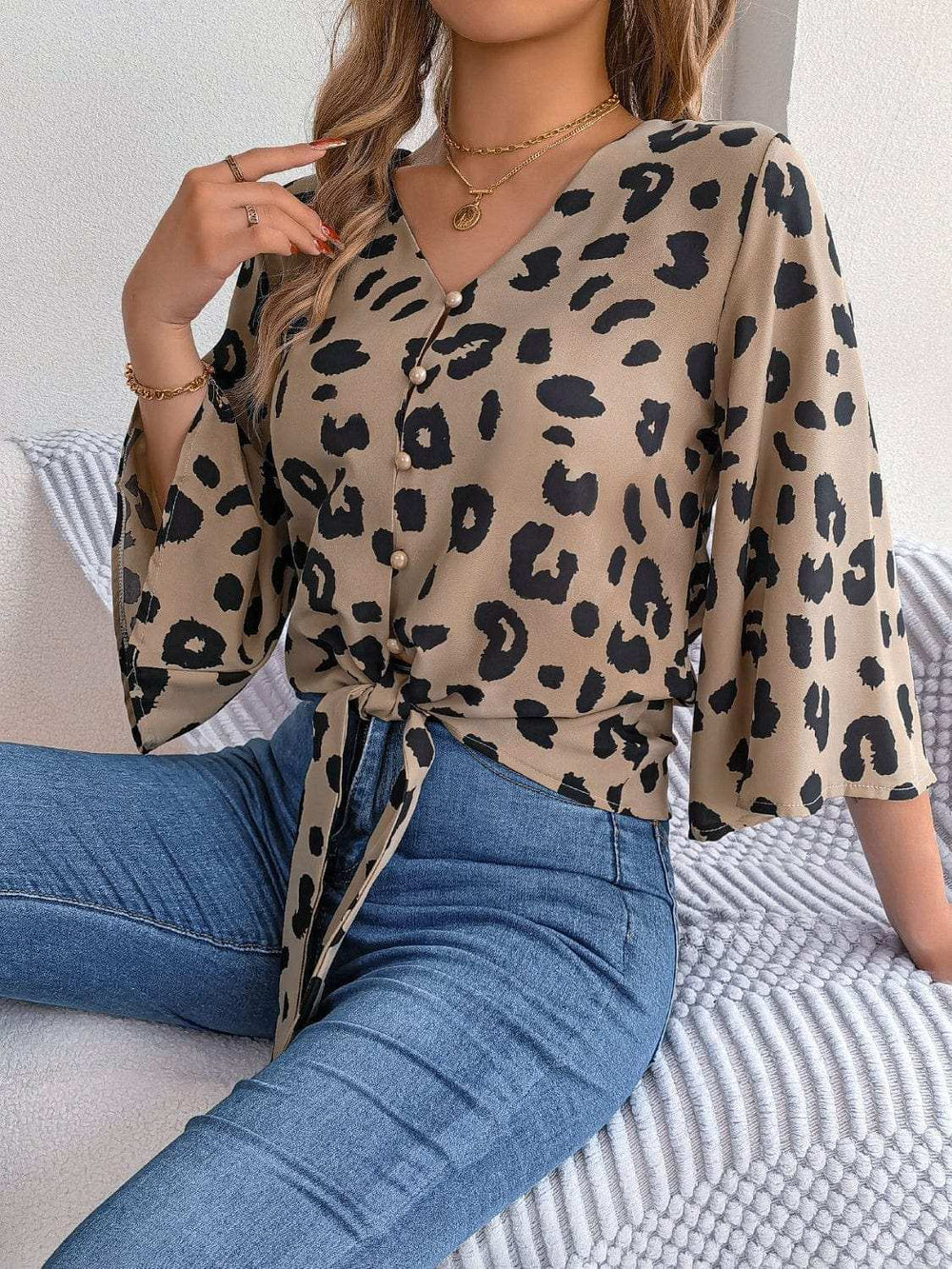 Tied Button Up Leopard V-Neck Blouse - Trendsi - Flyclothing LLC