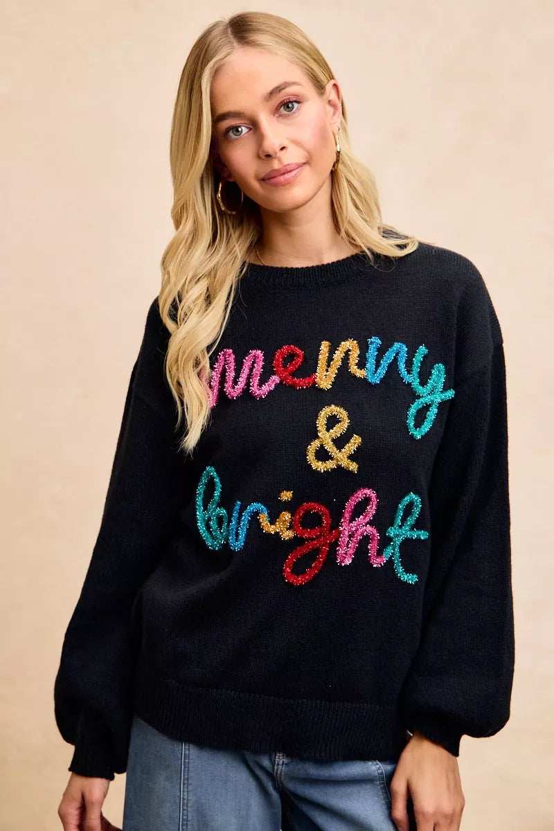 BiBi Tinsel Lettering Christmas Sweater - Trendsi - Flyclothing LLC