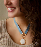 Blue Denim Dreams White Mother of Pearl Ribbon Golden Pendant Necklace - Barse Jewelry - Flyclothing LLC