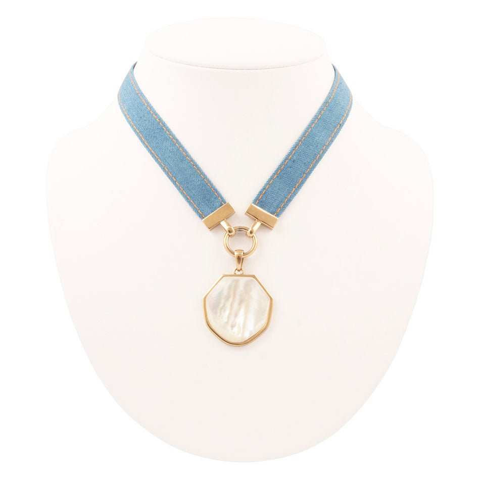 Blue Denim Dreams White Mother of Pearl Ribbon Golden Pendant Necklace - Barse Jewelry - Flyclothing LLC
