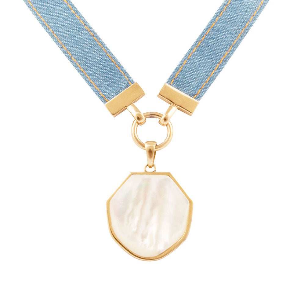 Blue Denim Dreams White Mother of Pearl Ribbon Golden Pendant Necklace - Barse Jewelry - Flyclothing LLC