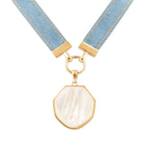 Blue Denim Dreams White Mother of Pearl Ribbon Golden Pendant Necklace - Barse Jewelry - Flyclothing LLC