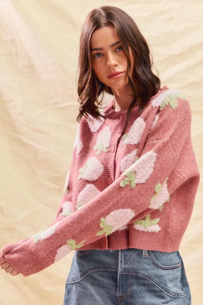 SO ME Strawberry Fruit All Over Button Sweater Cardigan - Trendsi - Flyclothing LLC