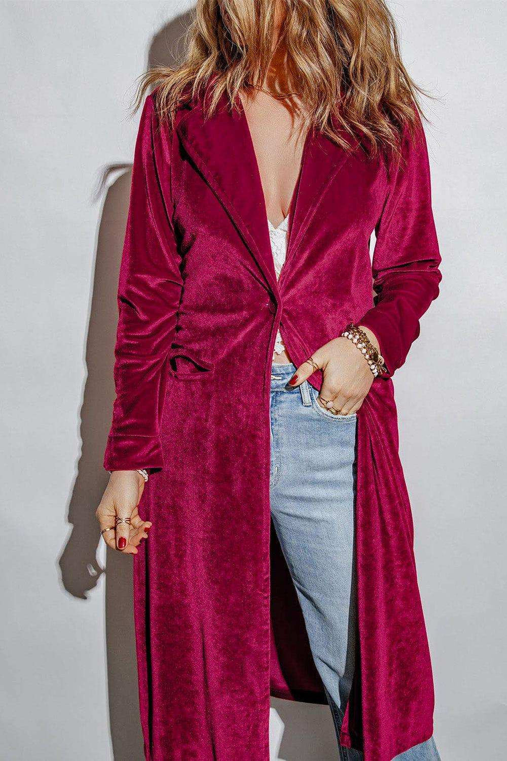Collared Neck Longline Velvet Cardigan with Pockets - Trendsi - Flyclothing LLC