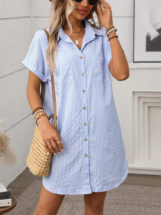 Striped Button Down Short Sleeve Mini Dress - Trendsi - Flyclothing LLC