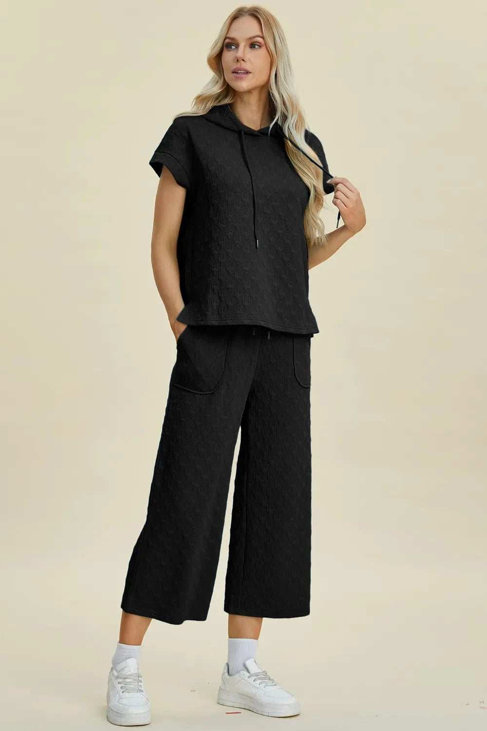 Double Take Full Size Texture Drawstring Short Sleeve Hoodie and Pocketed Pants Set - Trendsi - Flyclothing LLC
