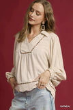 Umgee Full Size Linen Scallop Hem Blouse with Contrast Trim Plus Size - Trendsi - Flyclothing LLC