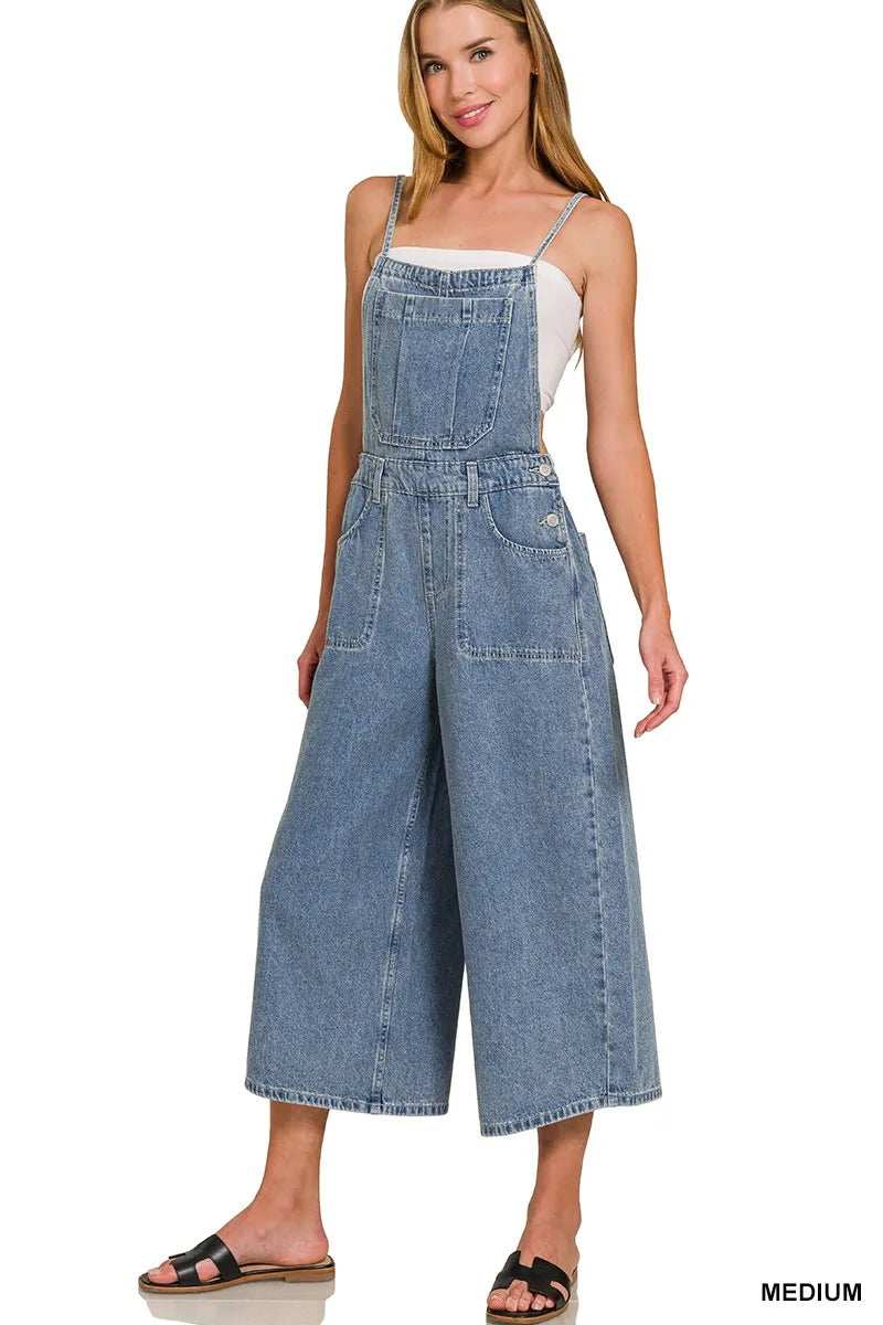 Zenana Denim Medium Washed Wide Leg Overalls - Trendsi - Flyclothing LLC
