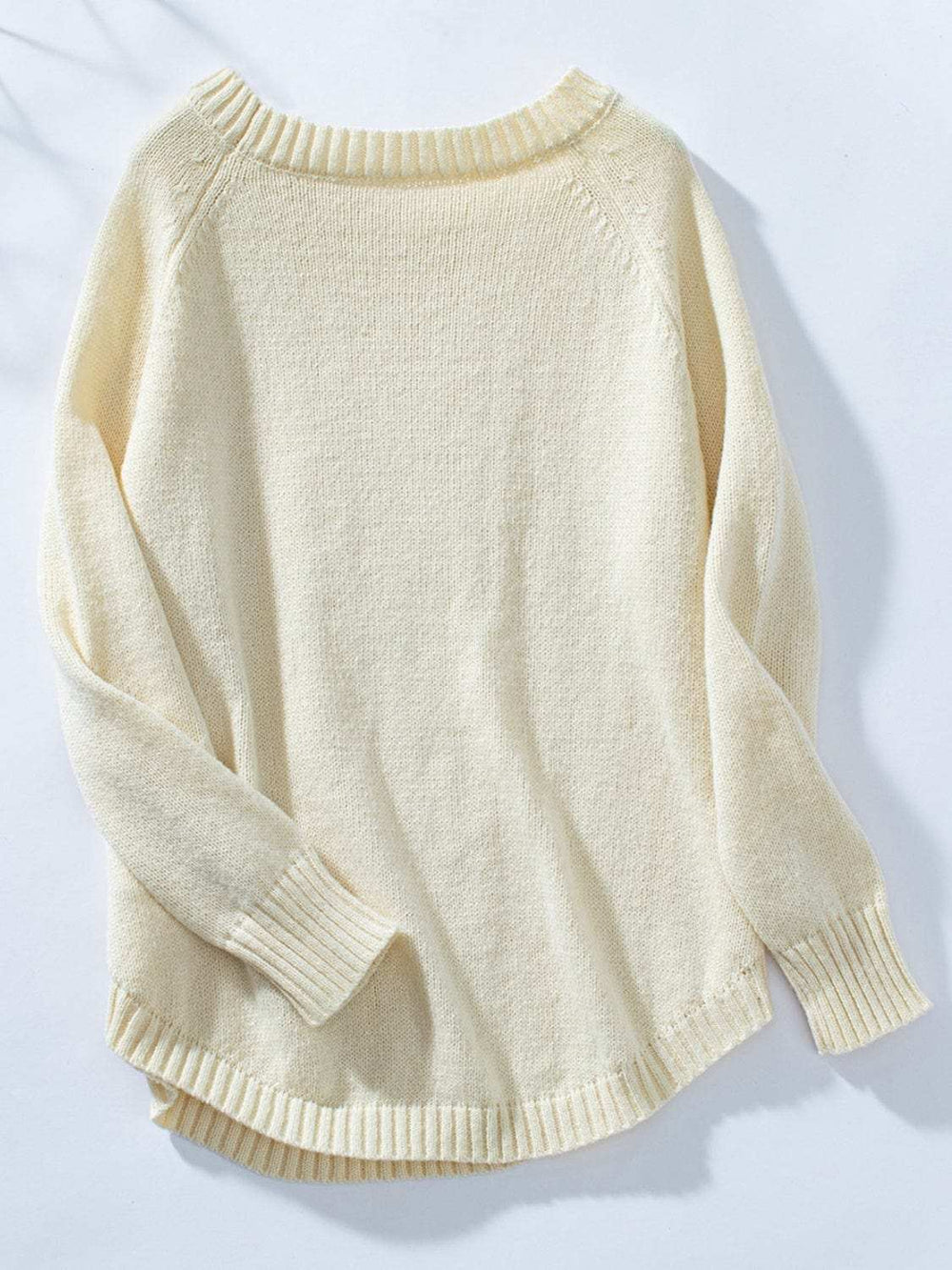 Decorative Button Round Neck Raglan Sleeve Sweater - Trendsi - Flyclothing LLC