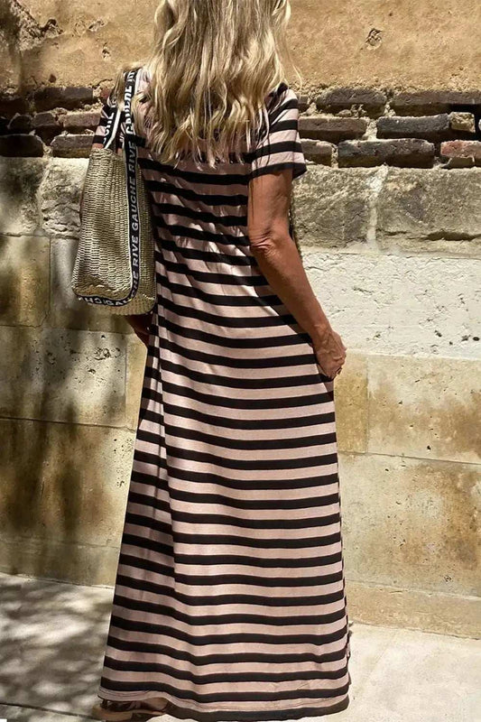 Stripe Casual Round Neck Tee Dress with Pockets - Trendsi - Flyclothing LLC