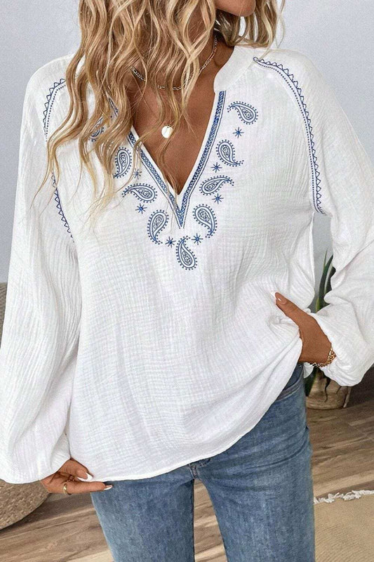 Embroidered Notched Long Sleeve Blouse - Trendsi - Flyclothing LLC
