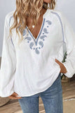 Embroidered Notched Long Sleeve Blouse - Trendsi - Flyclothing LLC
