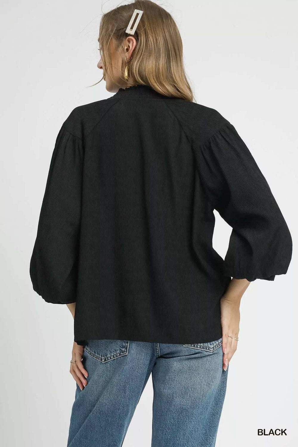 Umgee Textured V-Neck Blouse with Balloon Sleeves - Trendsi - Flyclothing LLC
