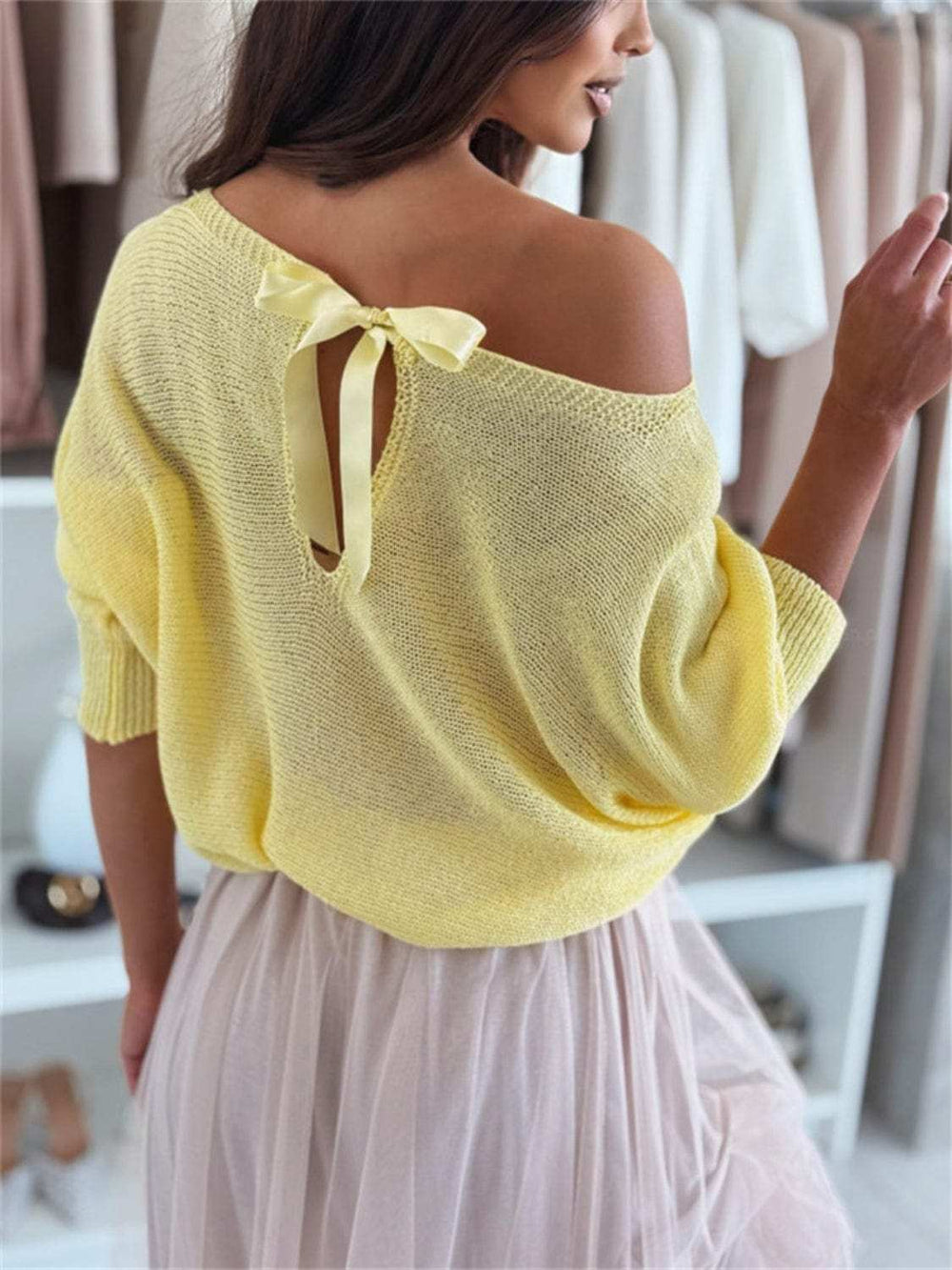 Bow Back Boat Neck Batwing Sleeve Sweater - Trendsi - Flyclothing LLC