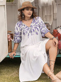 Plus Size Printed Tie Neck Half Sleeve Maxi Dress - Trendsi - Flyclothing LLC