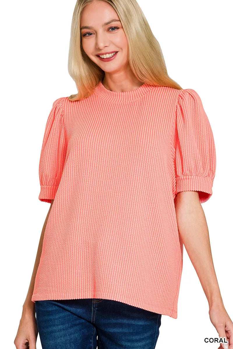 Zenana Raised Rib Puff Sleeve Top - Trendsi - Flyclothing LLC