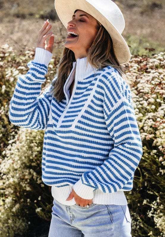 Striped Half Zip Mock Neck Long Sleeve Sweater - Trendsi - Flyclothing LLC