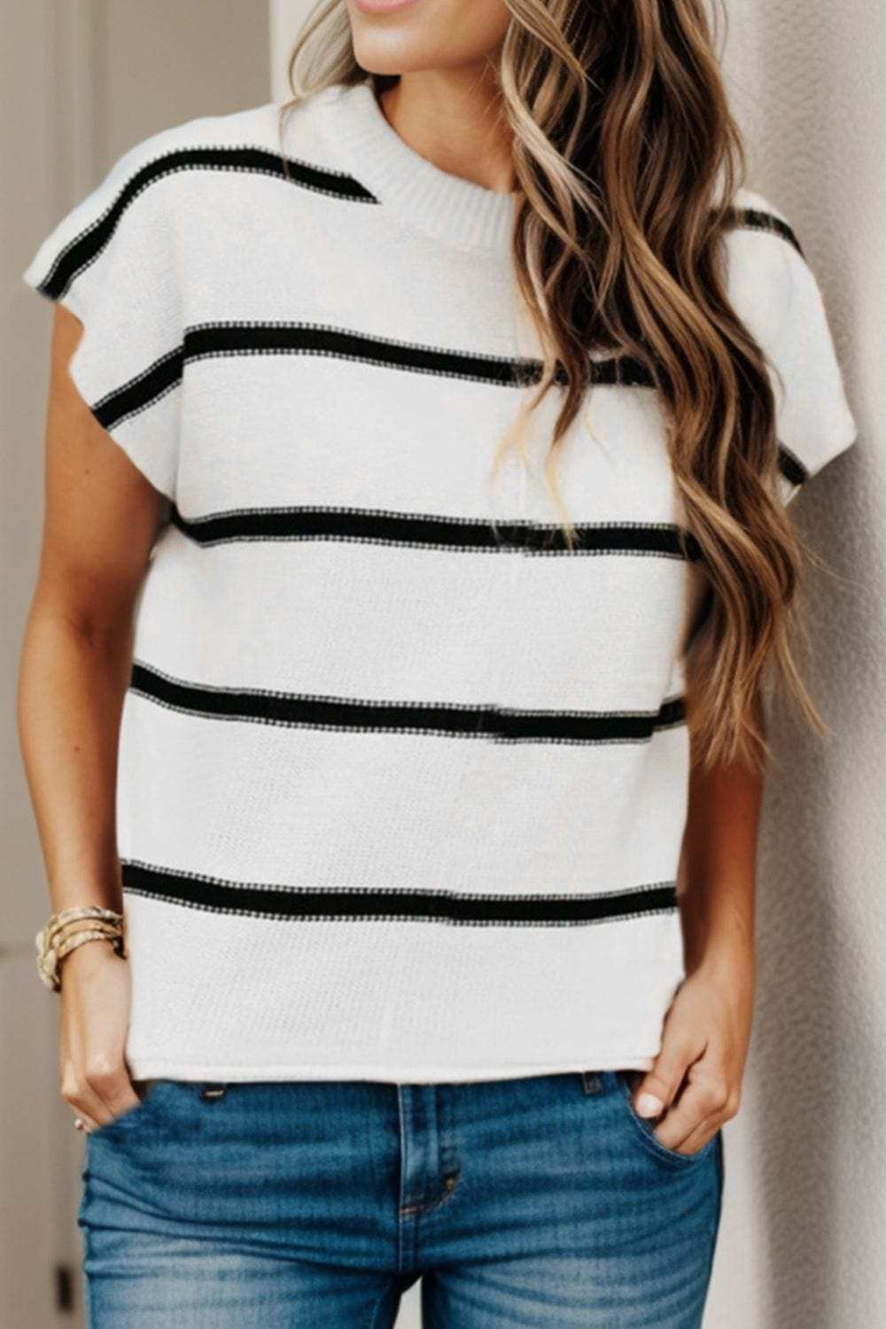 Striped Round Neck Cap Sleeve Sweater - Trendsi - Flyclothing LLC