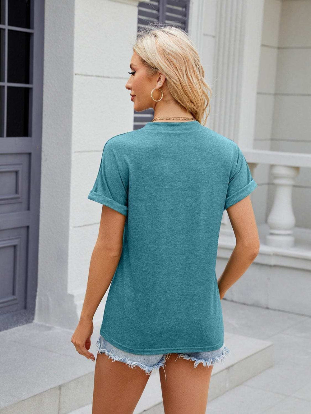 Florira Notched Short Sleeve T-Shirt - Trendsi - Flyclothing LLC