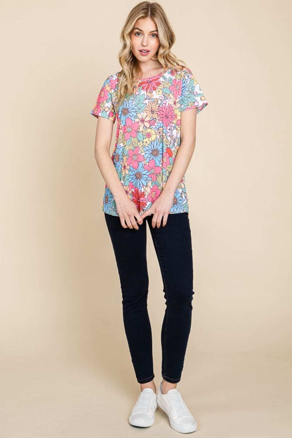 BOMBOM Floral Short Sleeve T-Shirt - Trendsi - Flyclothing LLC